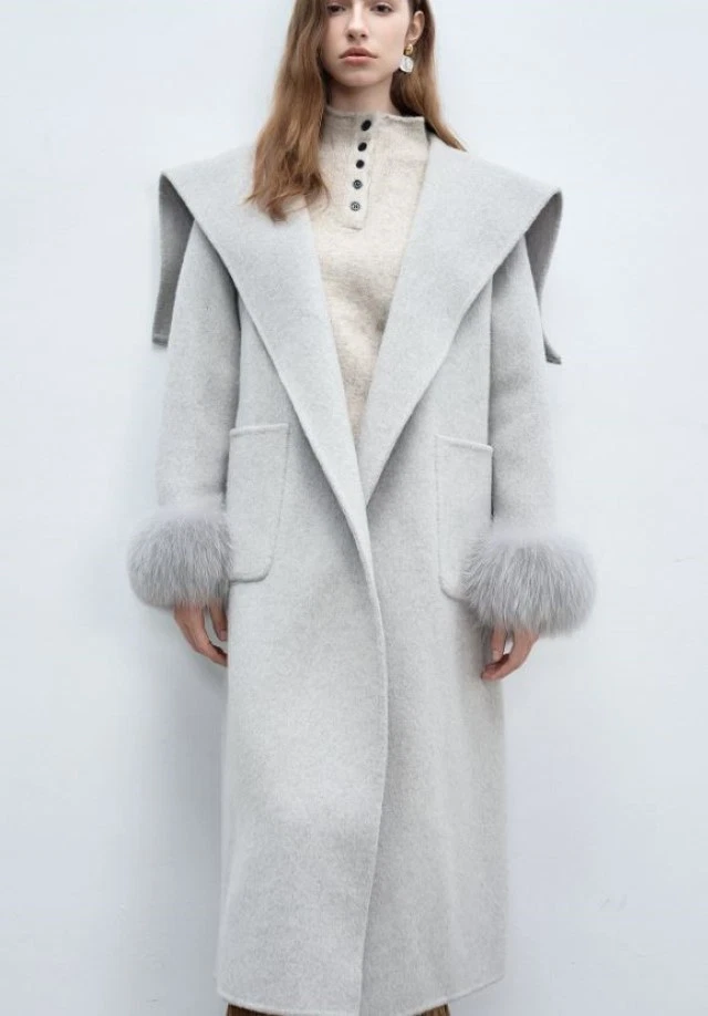 Women's New Gray Wool Cashmere Coat Fox Fur Hood - Image 8