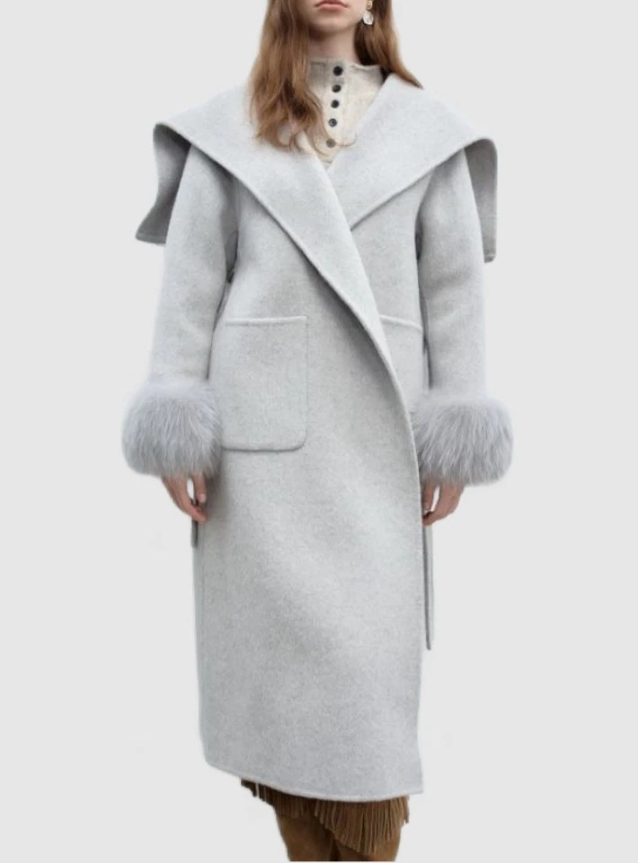 Women's New Gray Wool Cashmere Coat Fox Fur Hood - Image 2
