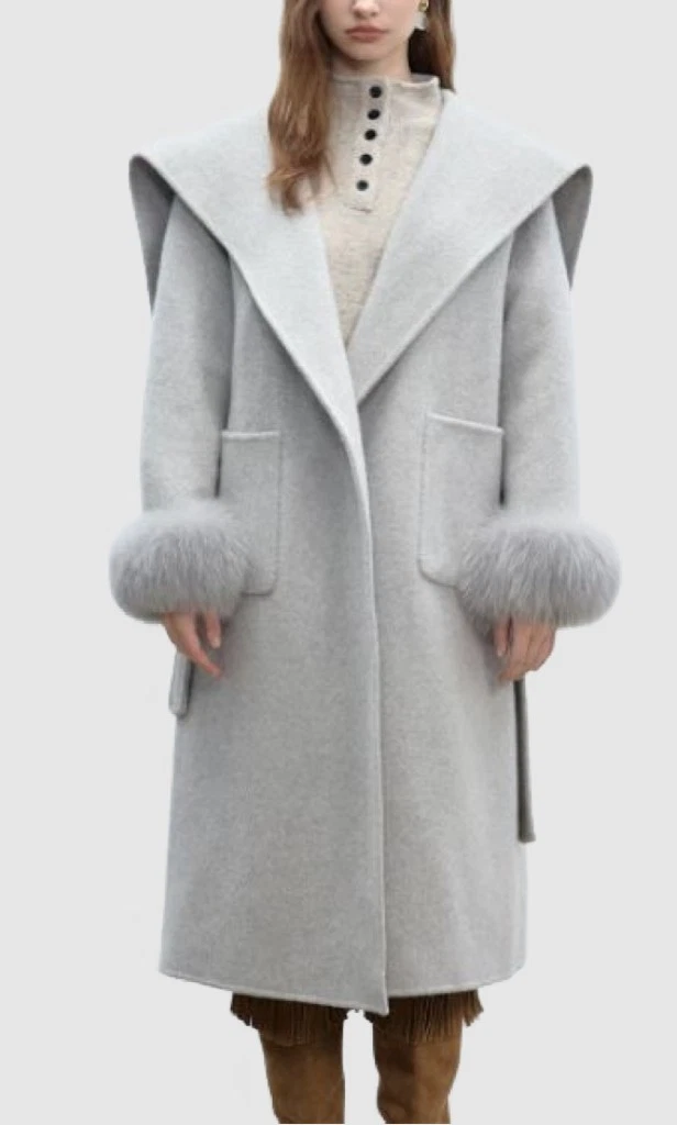 Women's New Gray Wool Cashmere Coat Fox Fur Hood