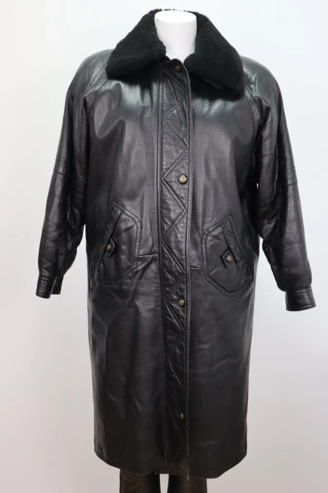 Women's Sz 10 MINT Black Leather Coat Detachable Sheared Rabbit Fur Vest - Image 2