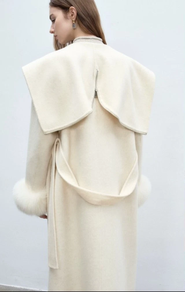 Women's New Gray Wool Cashmere Coat Fox Fur Hood - Image 3