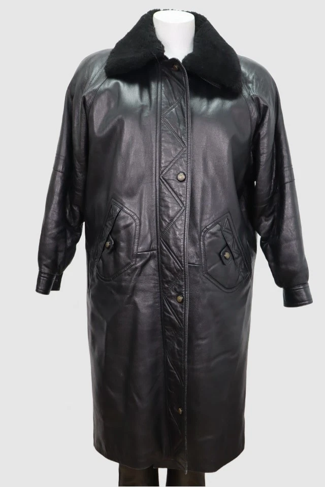 Women's Sz 10 MINT Black Leather Coat Detachable Sheared Rabbit Fur Vest