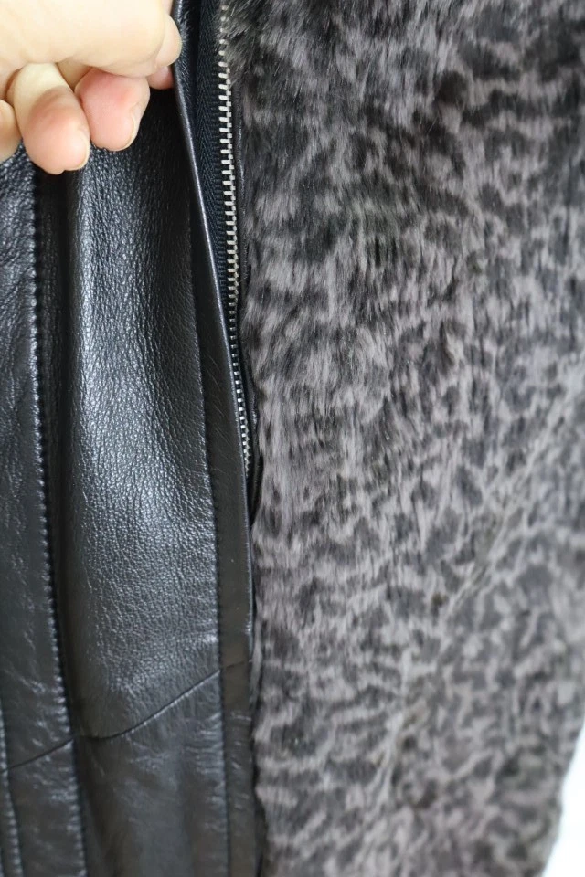 Women's Sz 10 MINT Black Leather Coat Detachable Sheared Rabbit Fur Vest - Image 8