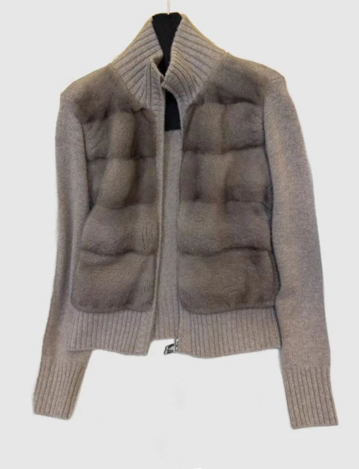 New Knit Jacket Gray Mink Fur Knitwear Blue Iris