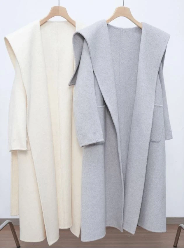 Women's New Gray Wool Cashmere Coat Fox Fur Hood - Image 7