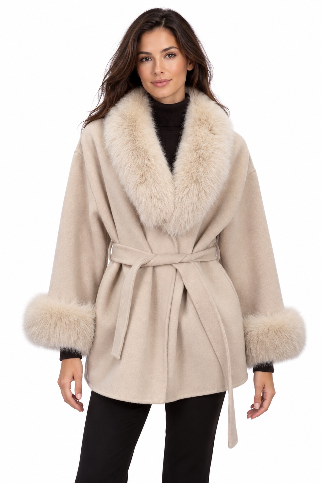 Women's New Cashmere Wool Cape Jacket Coat Fox Fur Trims | MF2609_22B