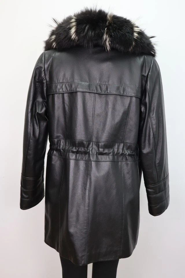 Women's Sz 8 Black Leather Jacket Coat Fox Fur MINT Woman - Image 3