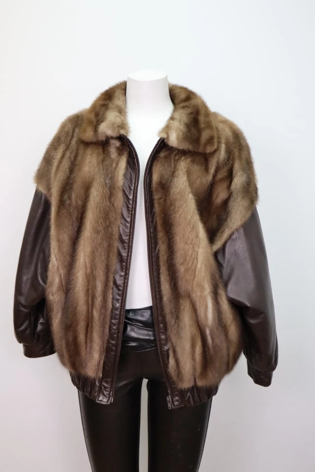 Men's Mink Fur Jacket Coat MINT Sz M/L Brown Leather - Image 2