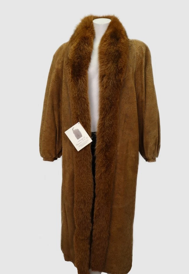 Women's Sz 12 Brown Suede Coat with Fox Fur Superb