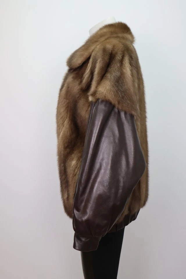 Men's Mink Fur Jacket Coat MINT Sz M/L Brown Leather - Image 3