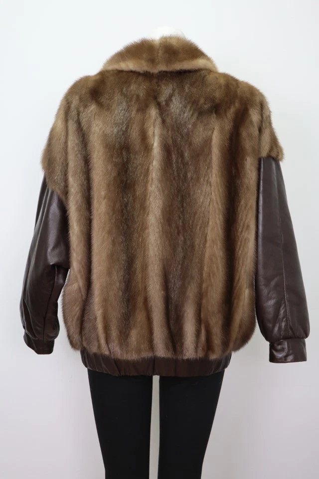 Men's Mink Fur Jacket Coat MINT Sz M/L Brown Leather - Image 4