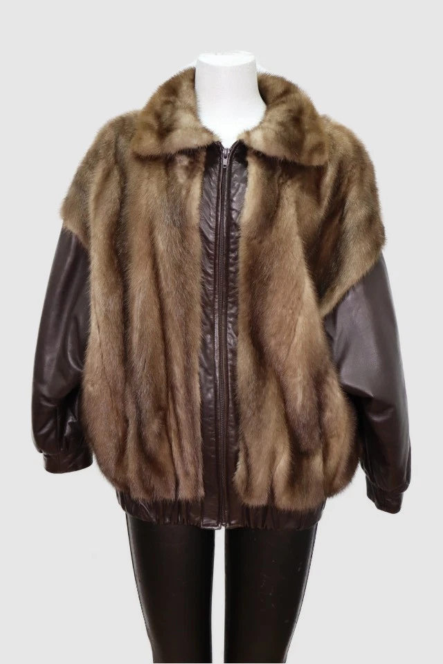 Men's Mink Fur Jacket Coat MINT Sz M/L Brown Leather
