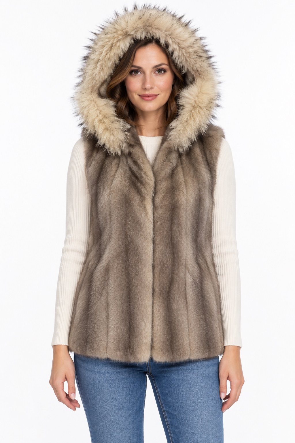 Women's Natural Grey Mink Fur Vest with Hood and Fox Trim MINT Size S | MF789