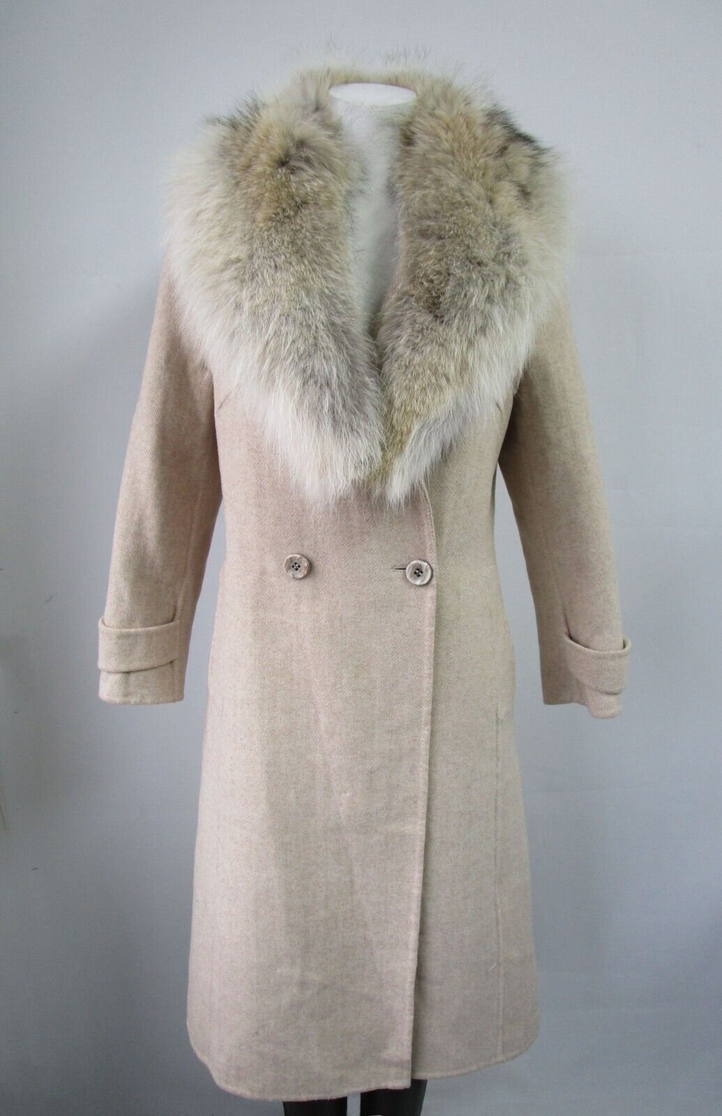 Women's Brand New 100% Wool Coat Beige Detachable Coyote Fur Collar Sz 6 Petites - Image 3