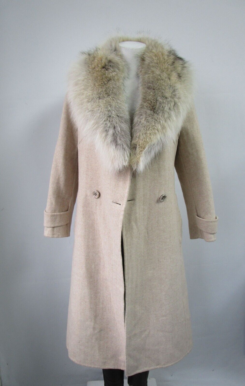 Women's Brand New 100% Wool Coat Beige Detachable Coyote Fur Collar Sz 6 Petites - Image 4