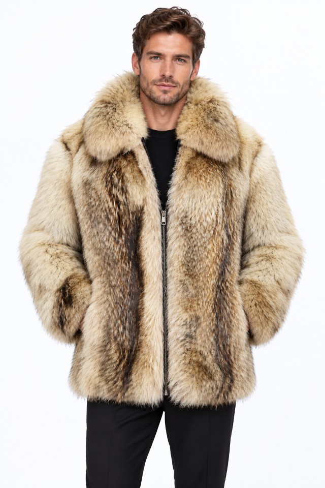 Men's XXL New Coyote Fur Coat Bomber Jacket Size XXL | CU260114