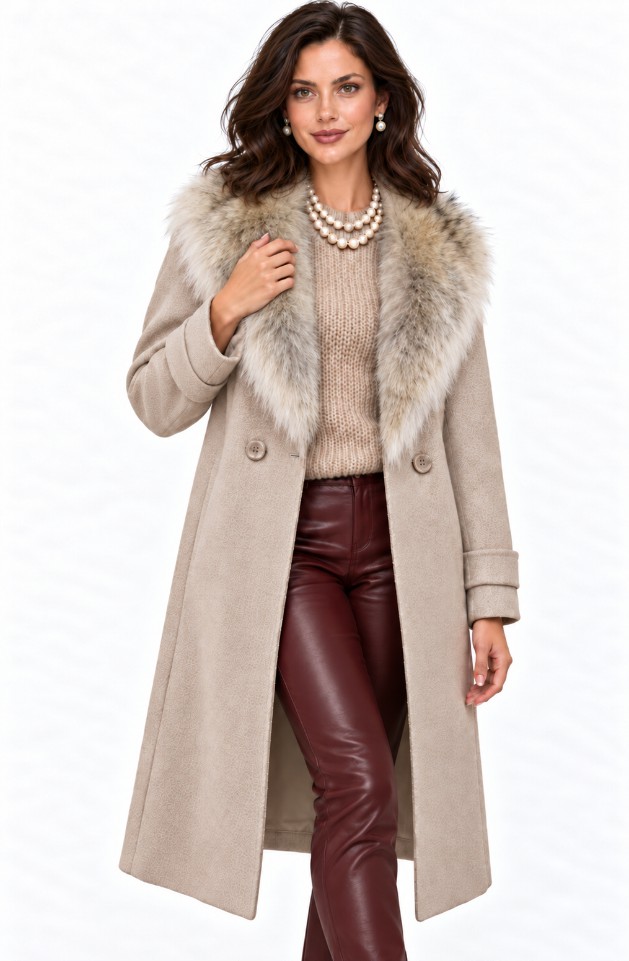 Women's Brand New 100% Wool Coat Beige Detachable Coyote Fur Collar Sz 6 Petites